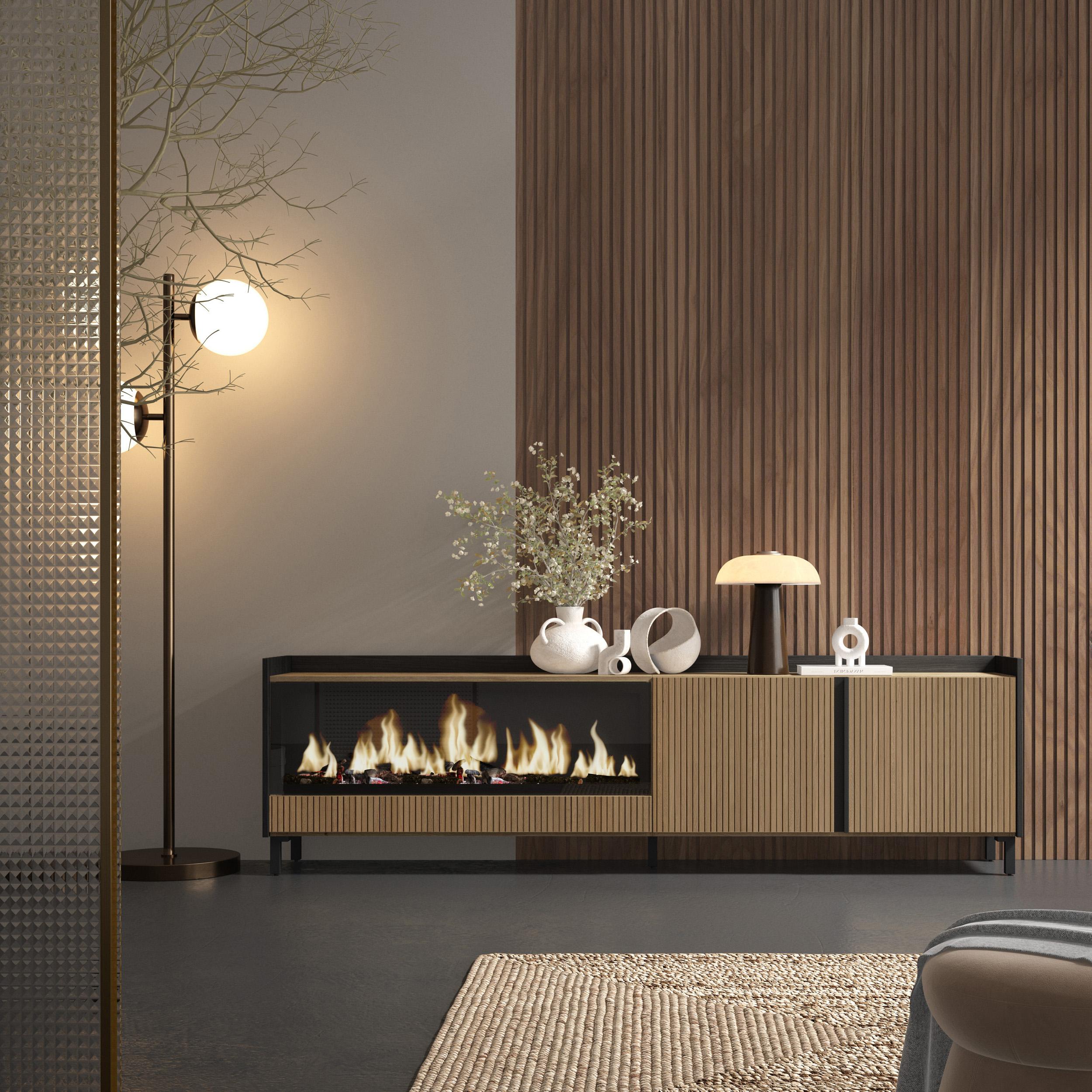 Meuble TV 212x61x35 cm Pour les TV jusqu'à 80" Cheminée électrique à gauche XXL Design industriel Chêne et noir