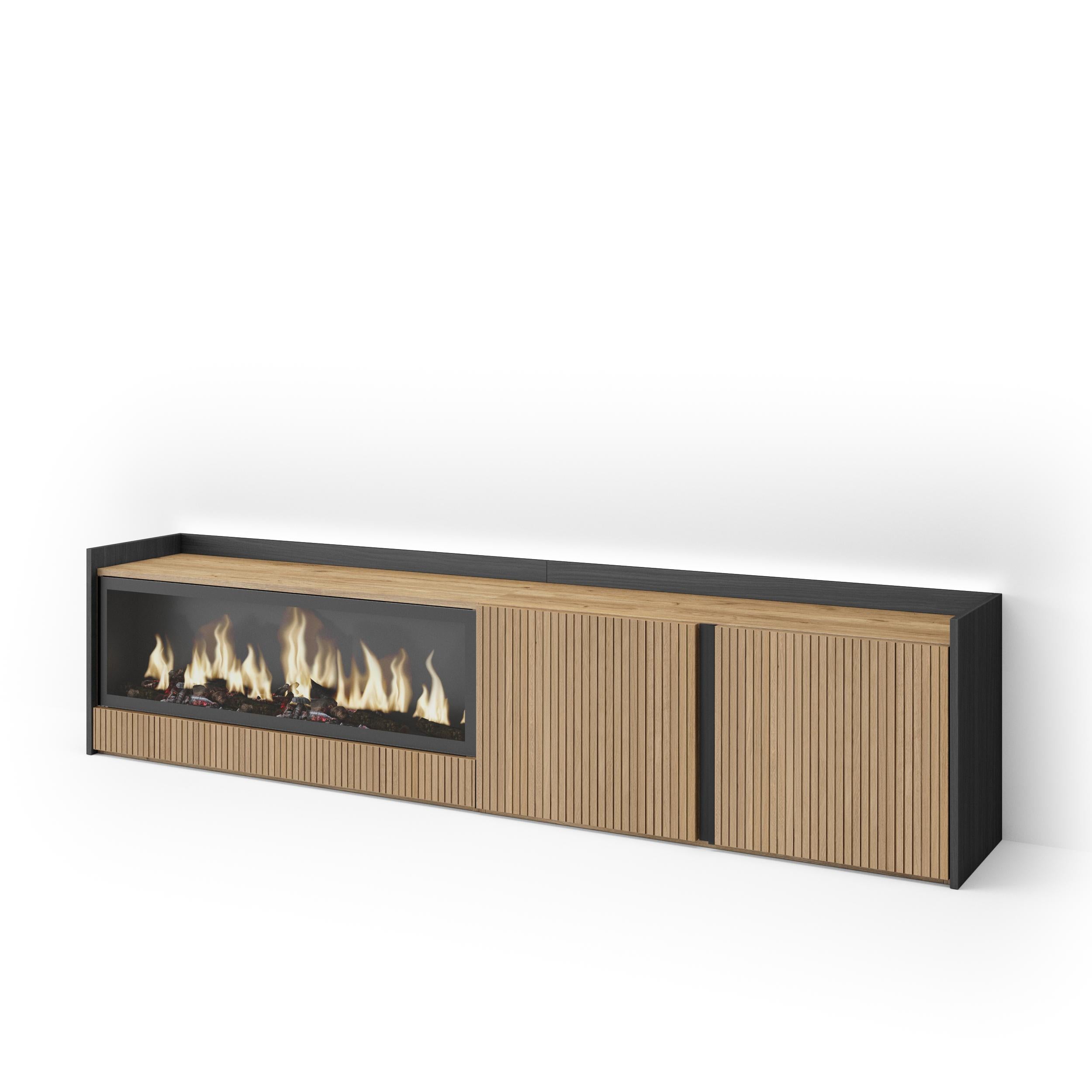 Meuble TV Led 212x50x35 cm Pour les TV jusqu'à 80" Cheminée électrique à gauche XXL Chêne et noir
