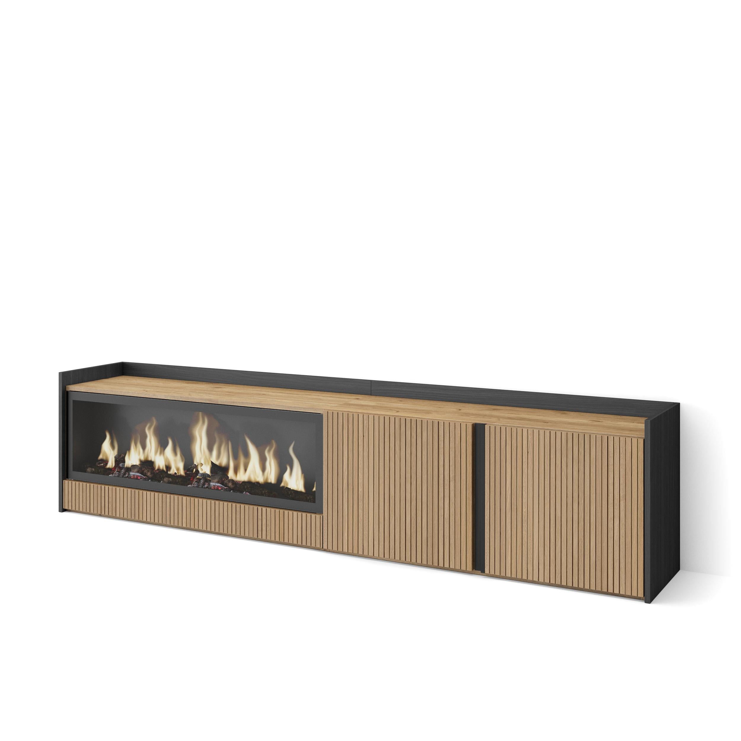 Meuble TV 212x50x35 cm Pour les TV jusqu'à 80" Cheminée électrique à gauche XXL Chêne et noir