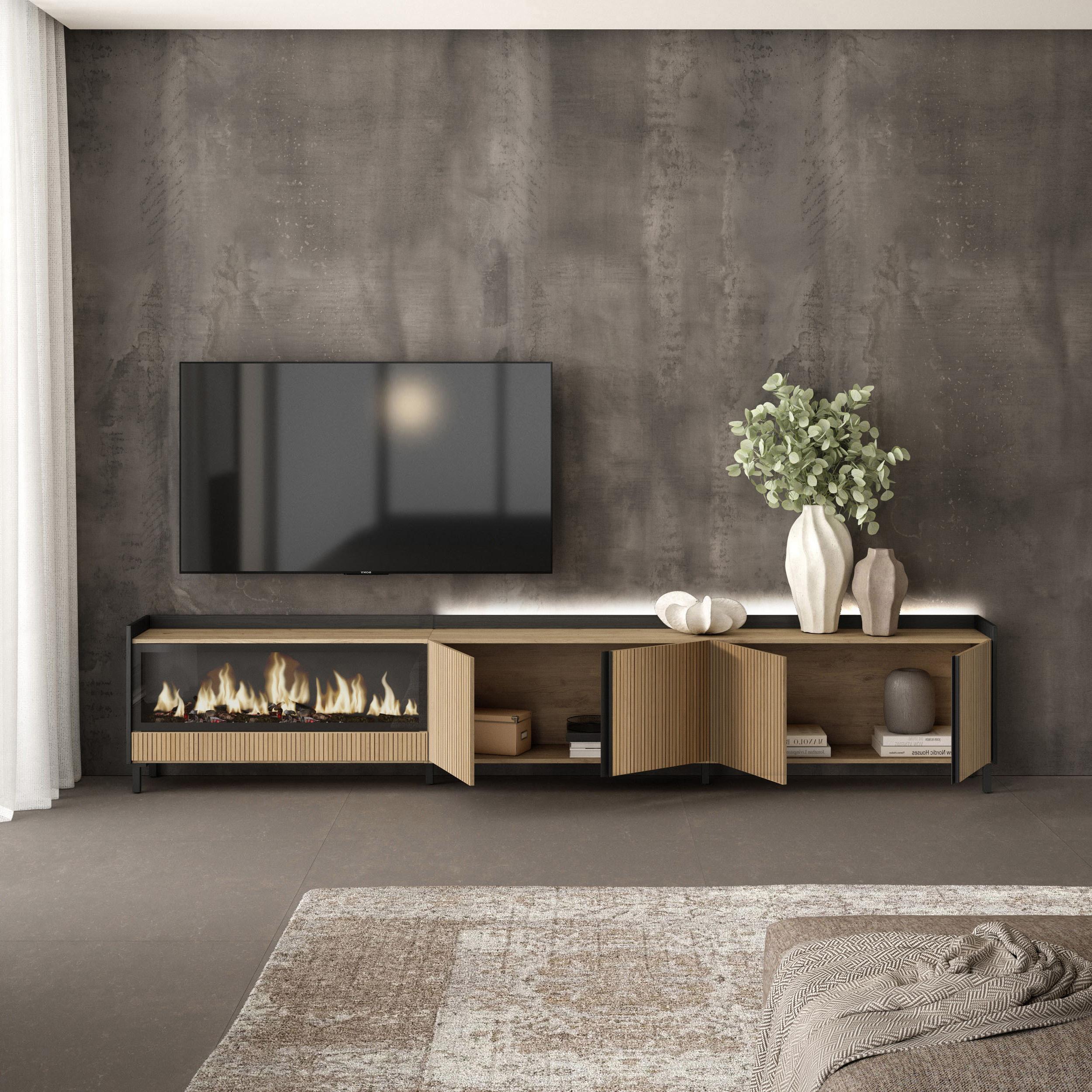 Meuble TV Led 315x61x35 cm Pour les TV jusqu'à 80" Cheminée électrique à gauche XXL Design industriel Chêne et noir