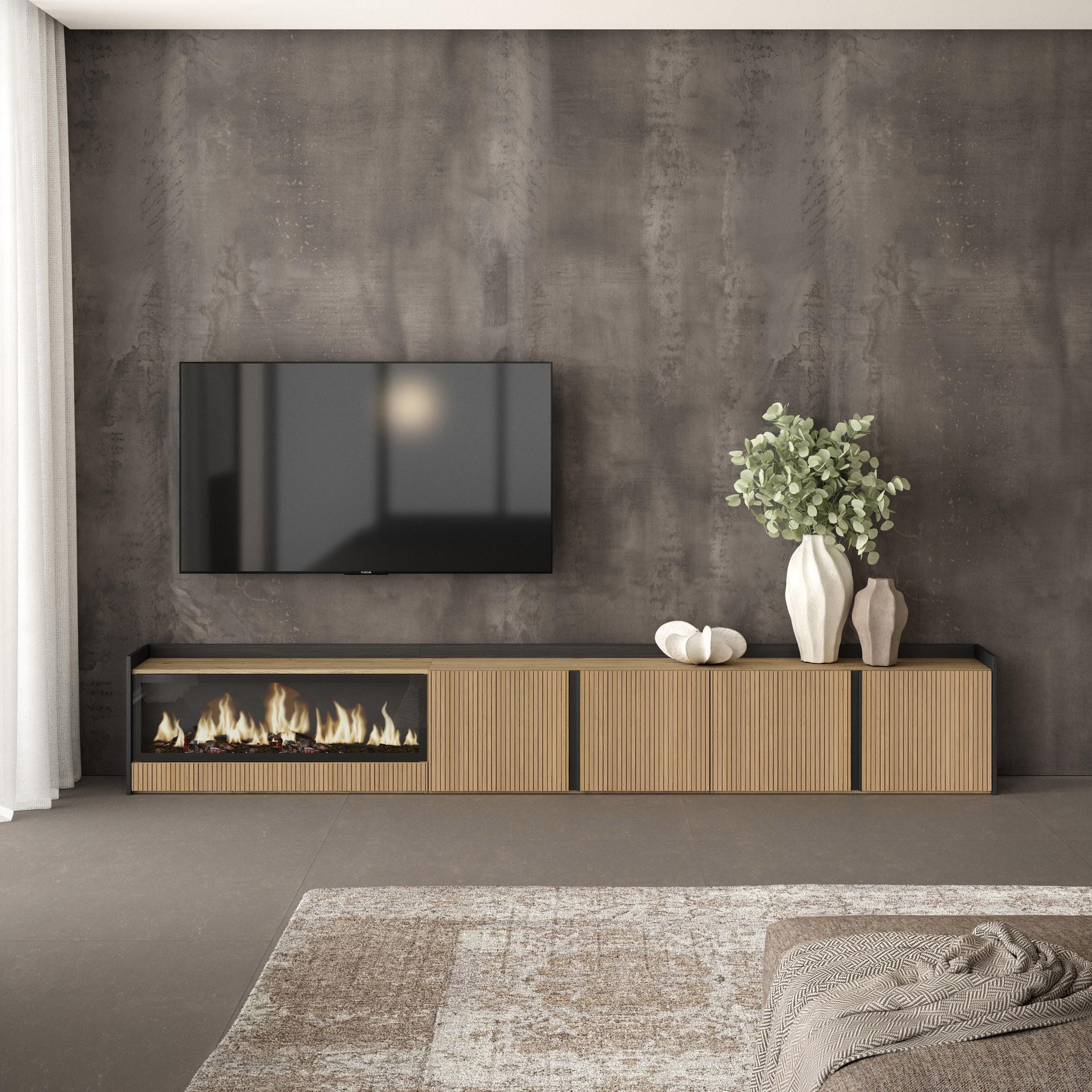 Meuble TV 315x50x35 cm Pour les TV jusqu'à 80" Cheminée électrique à gauche XXL Chêne et noir