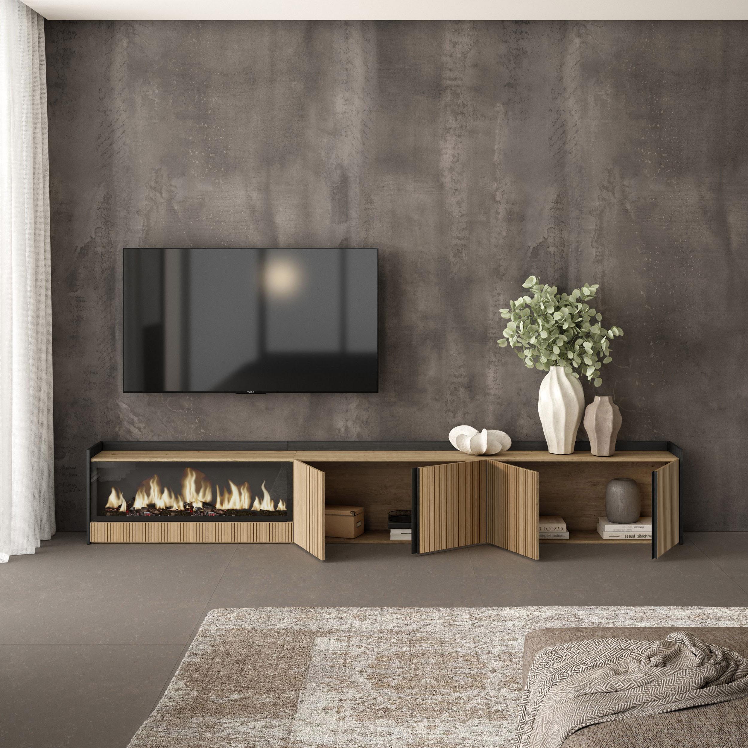 Meuble TV 315x50x35 cm Pour les TV jusqu'à 80" Cheminée électrique à gauche XXL Chêne et noir
