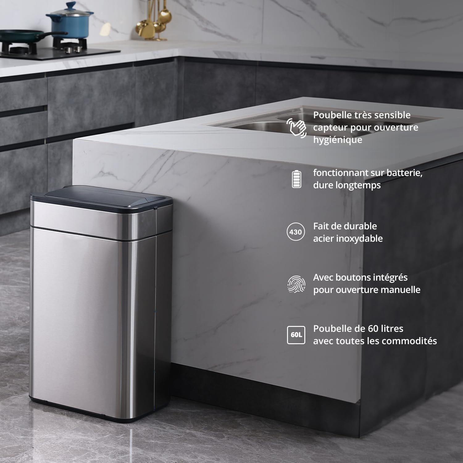 Poubelle Smart Sensor 60L argent