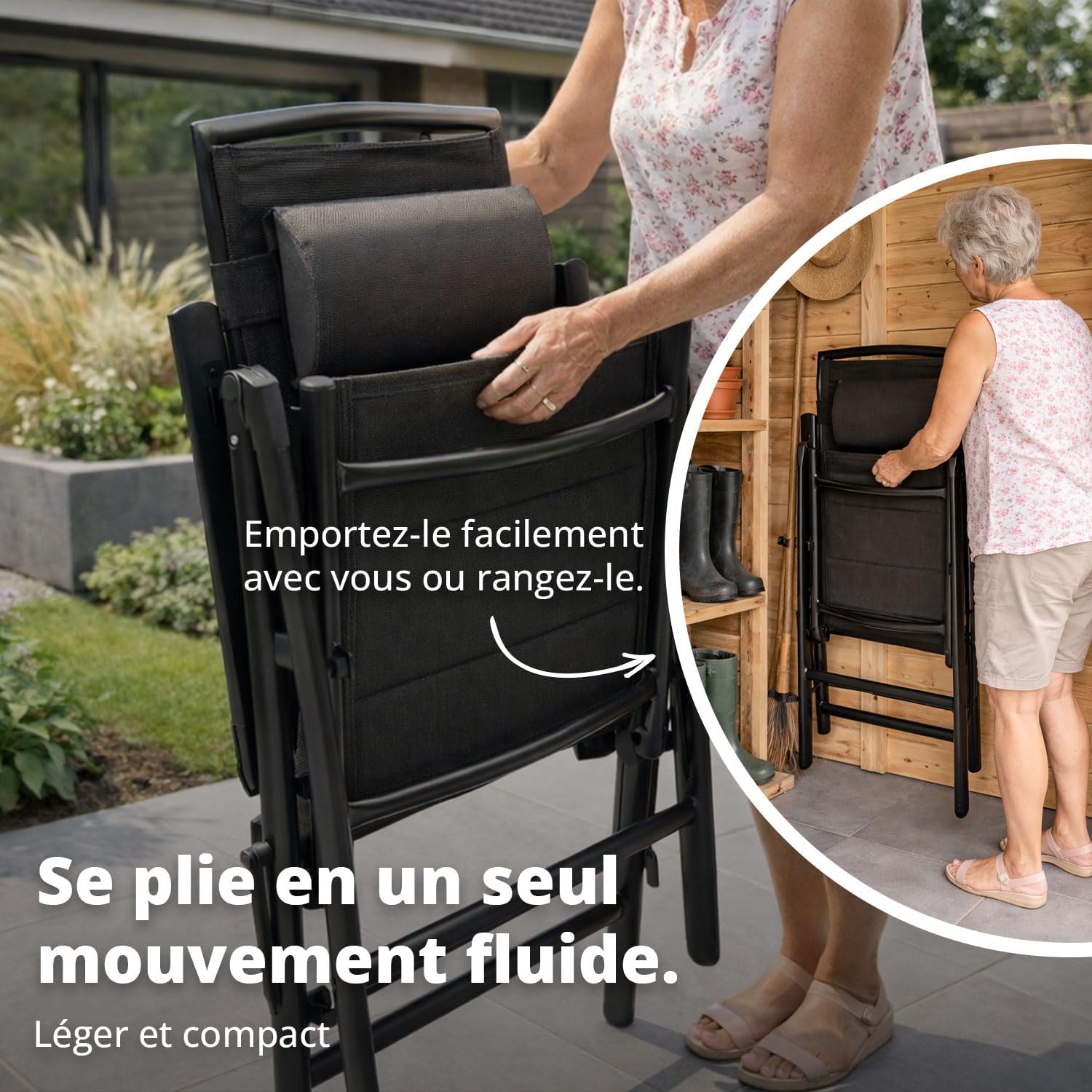 Lot de 2 fauteuils de jardin pliants avec dossier haut et coussin