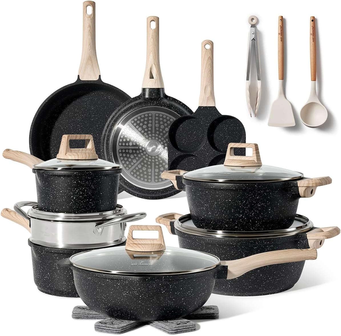 Batterie de cuisine 21 pièces antiadhésives en Granit Noir - Tous feux dont induction