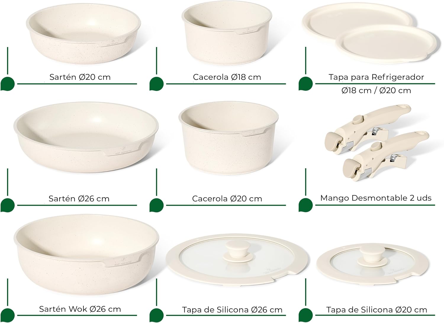 Batterie de cuisine 18 pièces avec poignées amovibles en Granit beige - Tous feux dont induction