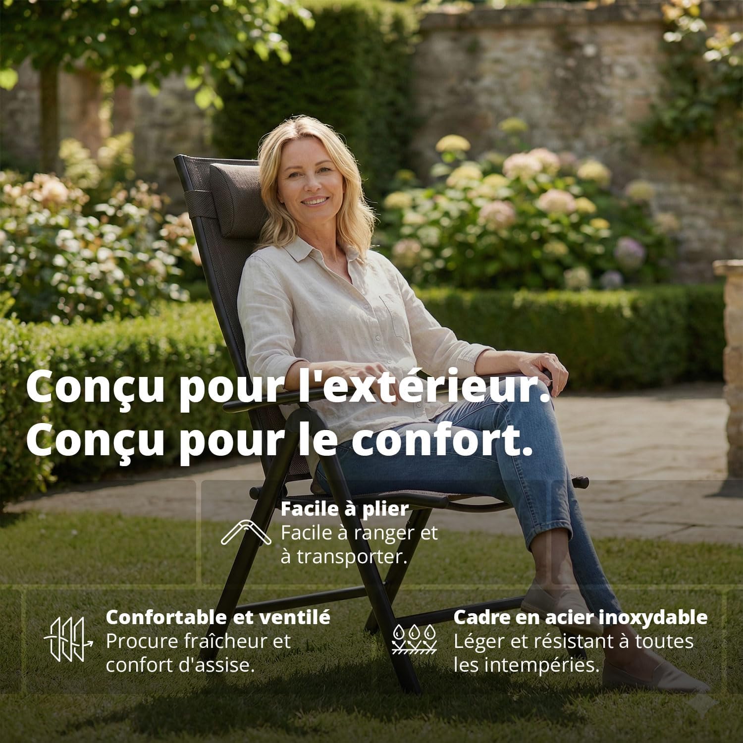 Lot de 2 fauteuils de jardin pliants avec dossier haut et coussin