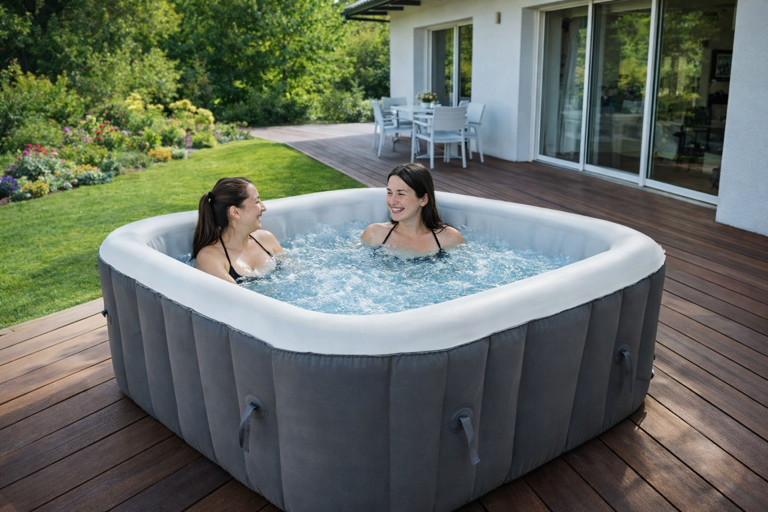 Spa gonflable 4 places carré - Bandeau LED inclus - Dimensions : 155 x 155 cm