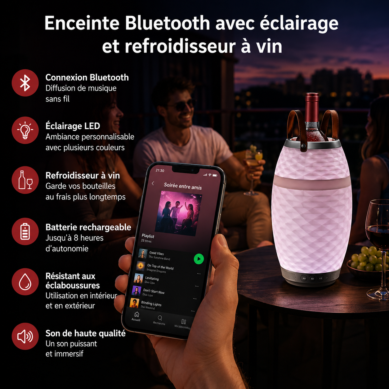 Lampe-enceinte LED sans fil avec refroidisseur à vin intégré Bali M - Bluetooth - RGB - Blanc