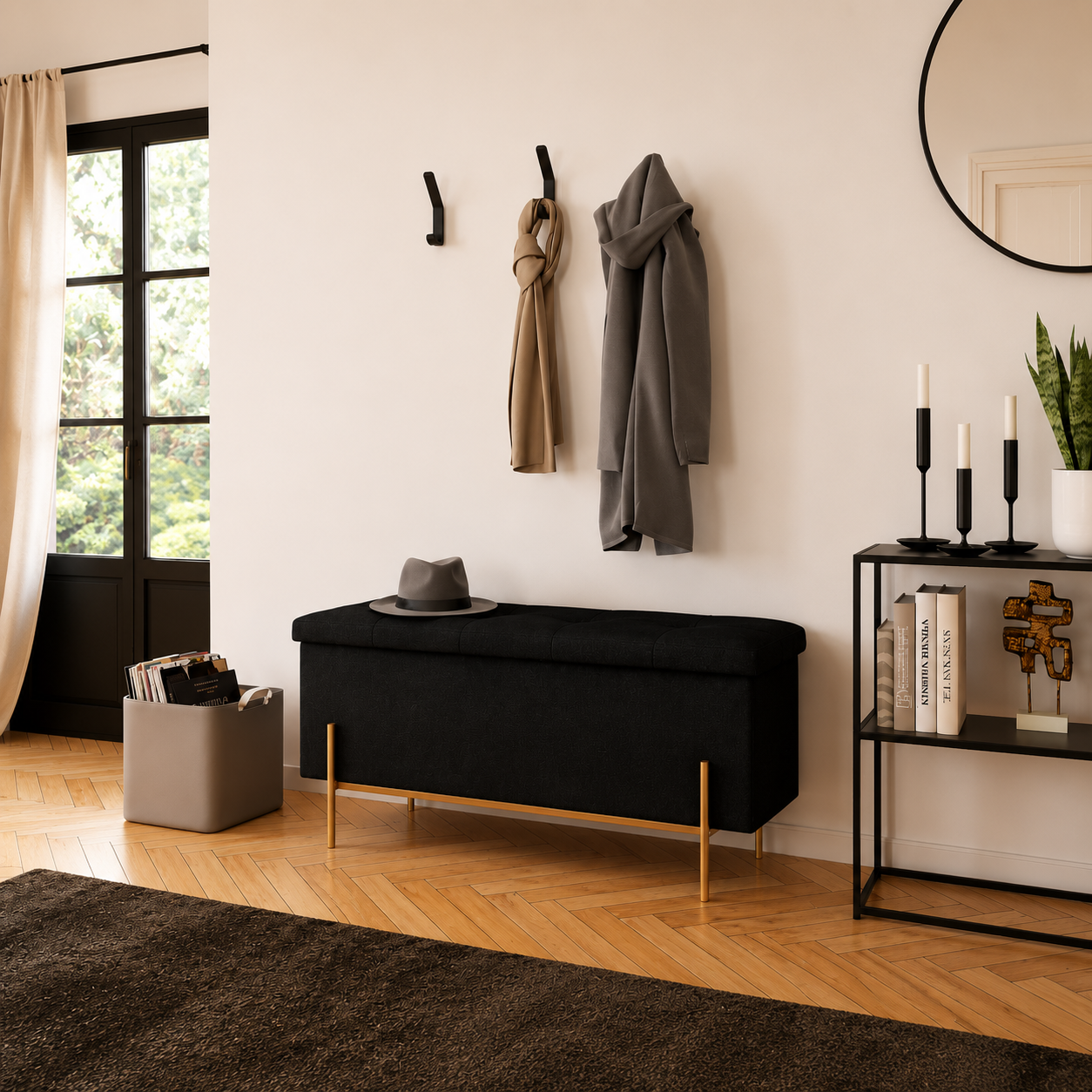 Banc coffre avec pieds dorés Loan en velours noir 100cm