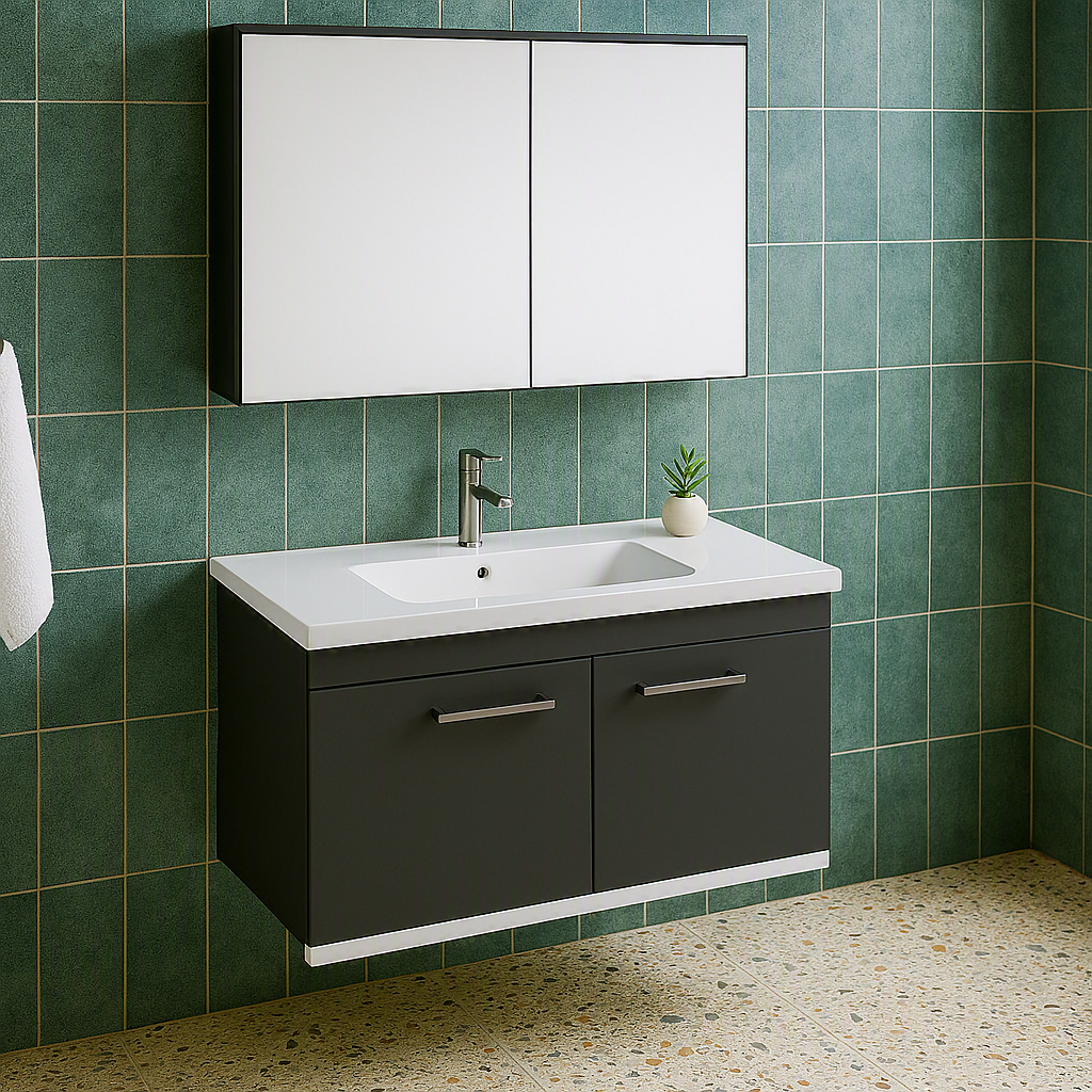 Meuble simple vasque Rubite 2 portes 80 cm + miroir armoire