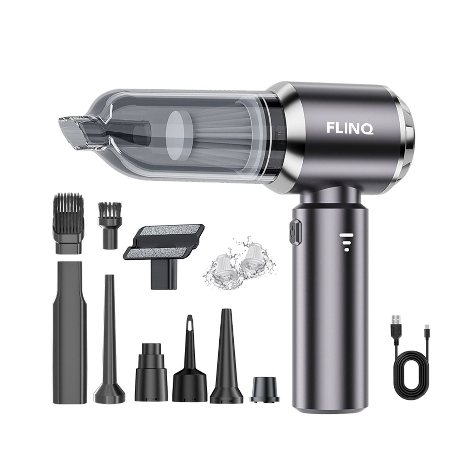 FlinQ - Aspirateur portatif sans fil et sans sac mutifonction V3 - Aspiration et soufflage - Accessoires inclus
