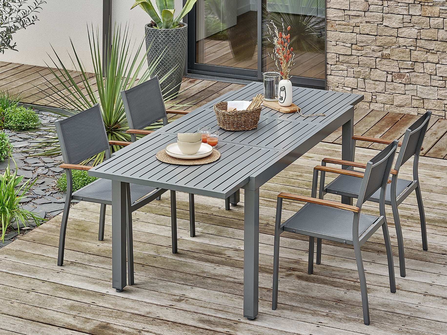 Ensemble repas extensible de jardin Orsino 4 places - Gris anthracite 160 à 220 cm