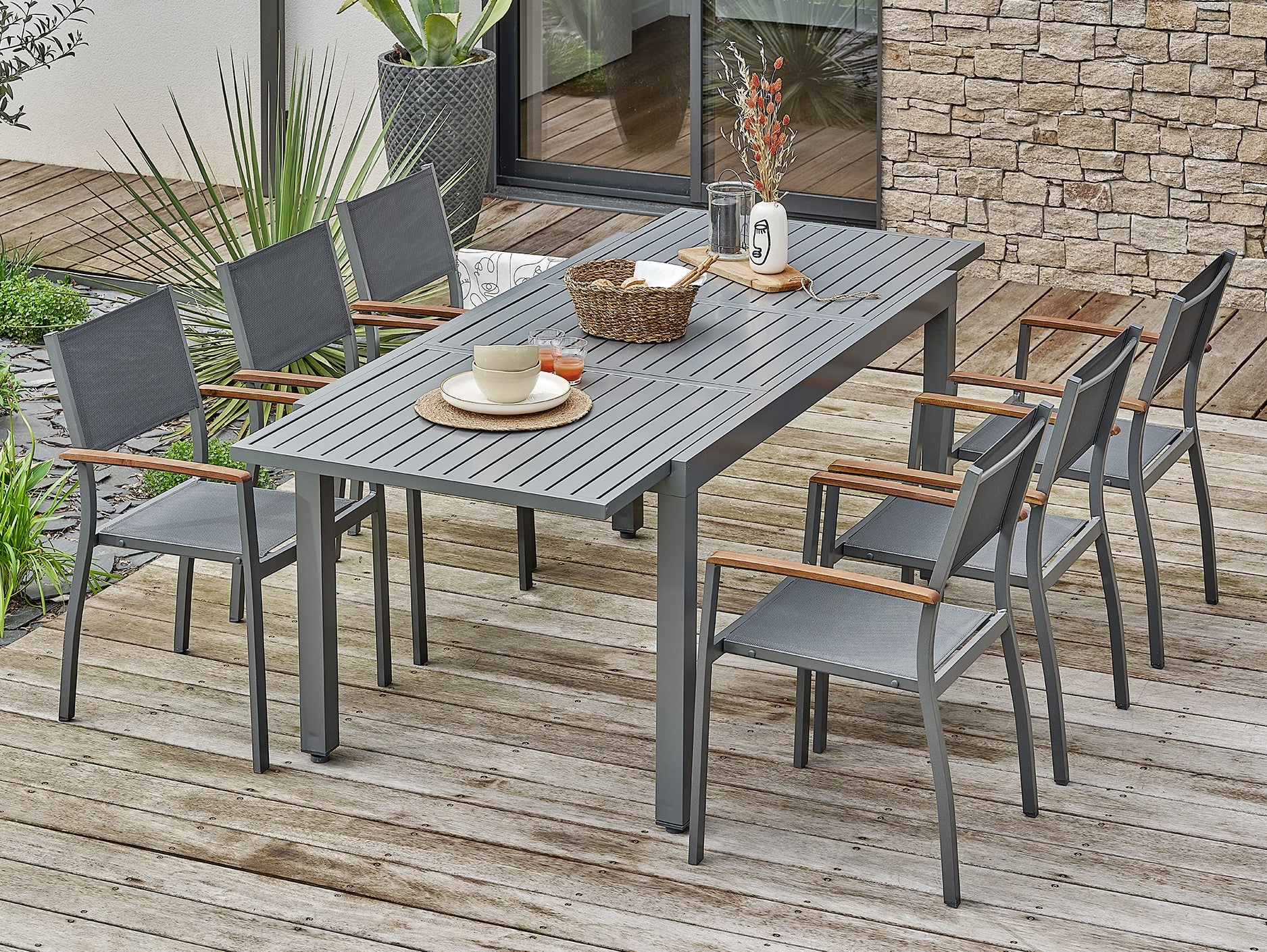 Ensemble repas de jardin table extensible en aluminium et 6 fauteuils - Orsino