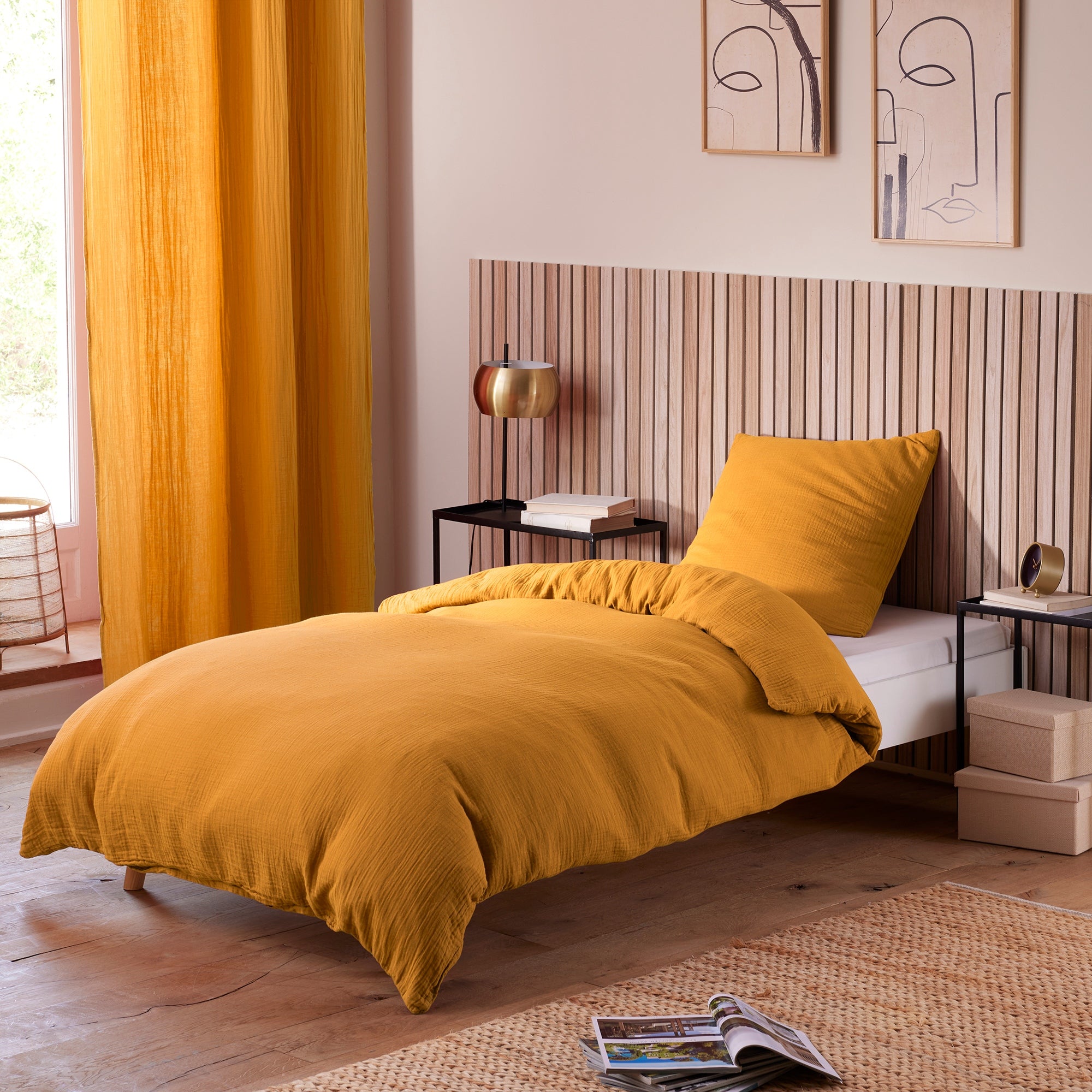 Pack 2 pièces Housse de couette 140x200cm + 1 taie d'oreiller 65X65cm gaze de coton Curry