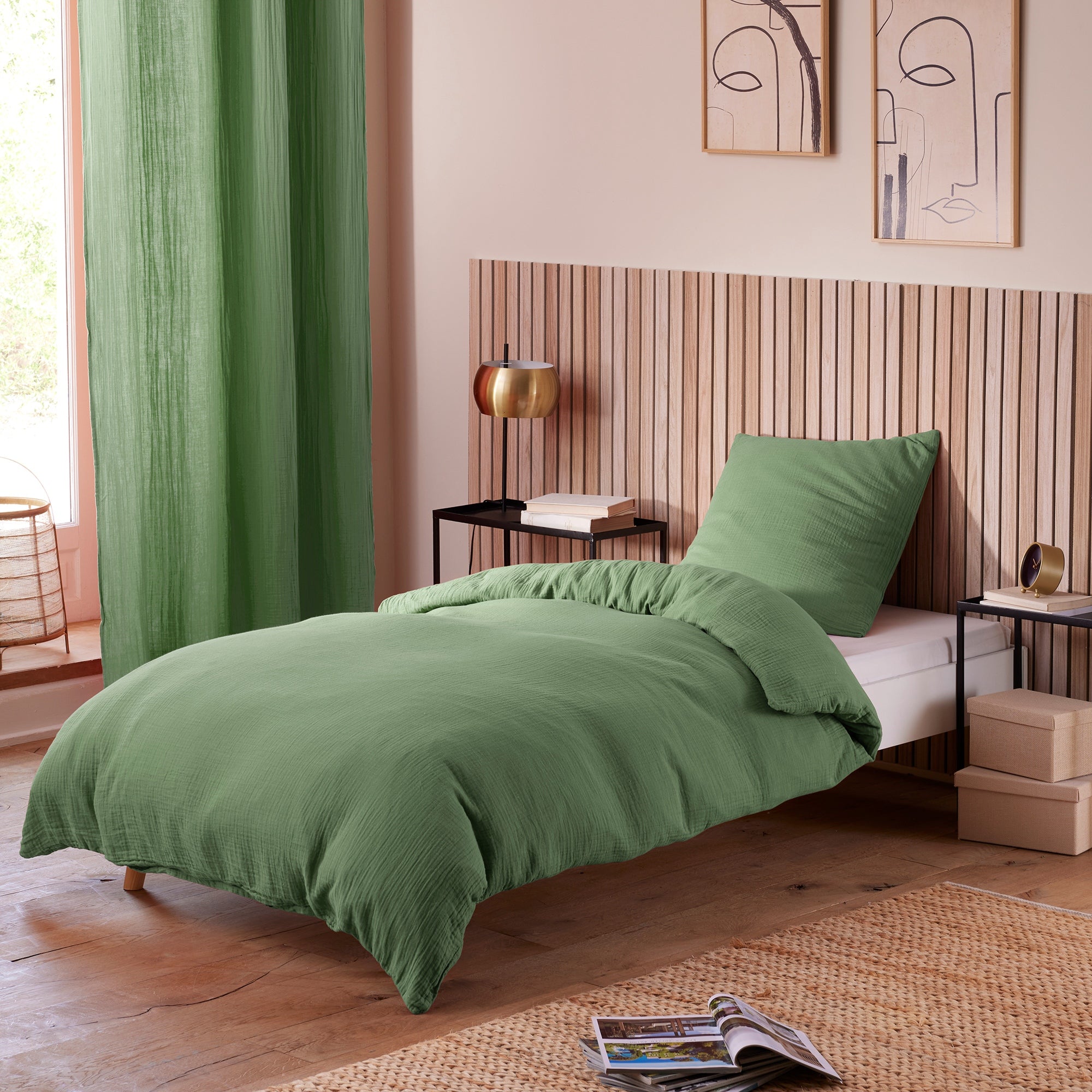 Pack 2 pièces Housse de couette - 140x200cm + 1 taie d'oreiller 65X65cm gaze de coton Olive