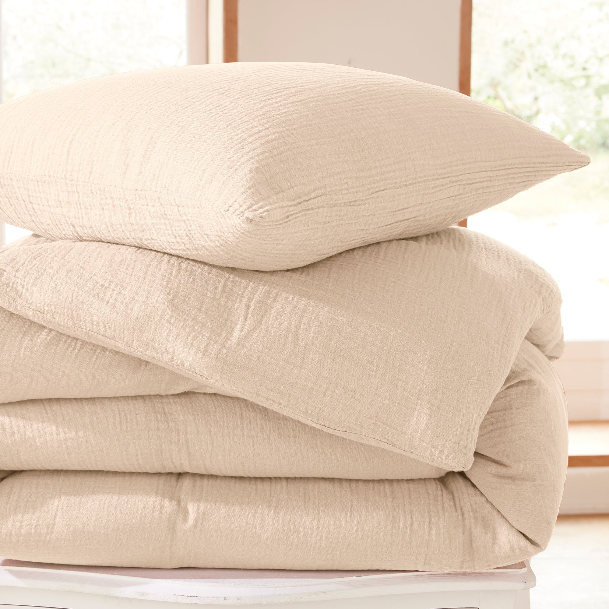 Pack 3 pièces Housse de couette - 240x220cm + 2 taies d'oreiller 65X65cm gaze de coton Naturel