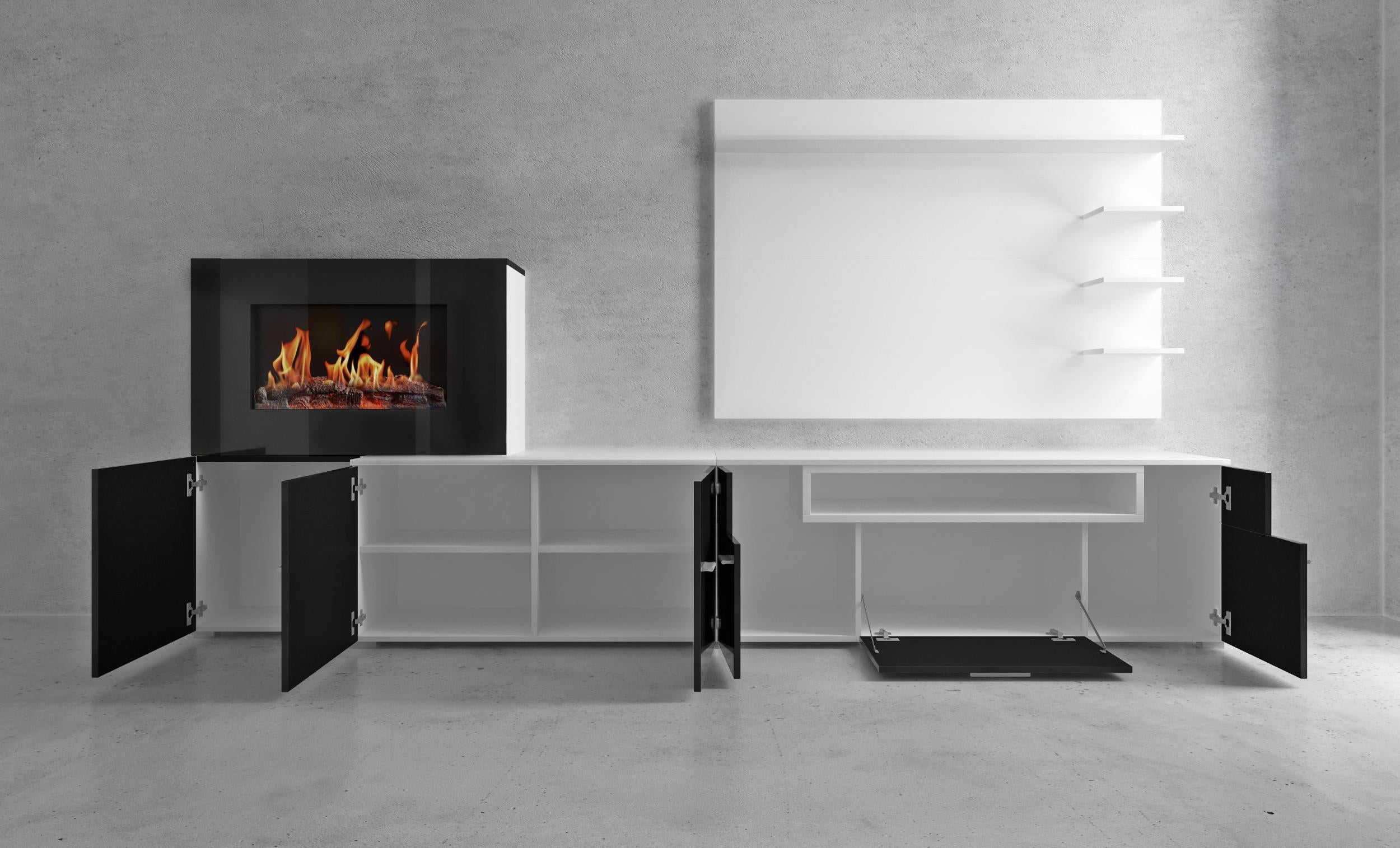 Meuble de salon avec cheminée électrique - 290 x 170 x 45 cm-  Finition blanc mat et laqué blanc brillant