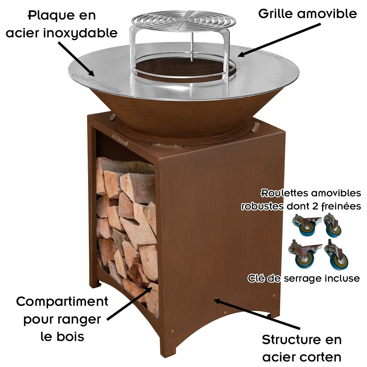 Brasero haut acier corten avec plaque et grille amovible inox barbecue plancha extérieur Ø 100 cm