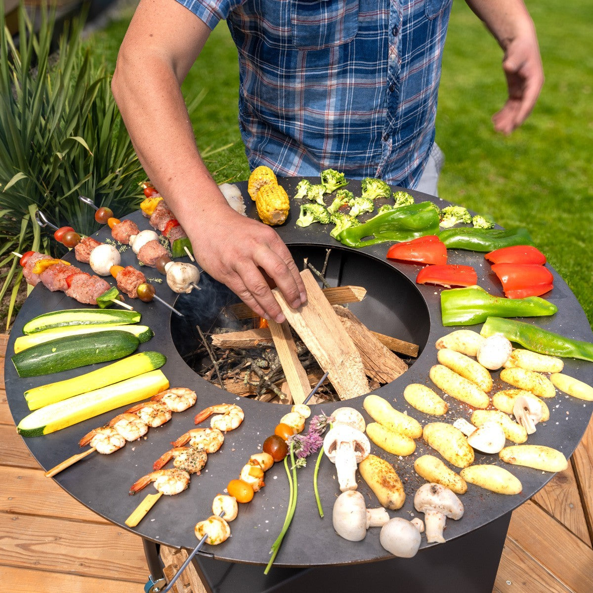 Brasero haut acier corten avec plaque et grille amovible inox barbecue plancha extérieur Ø 100 cm