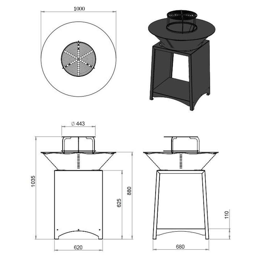Brasero haut acier corten avec plaque et grille amovible inox barbecue plancha extérieur Ø 100 cm