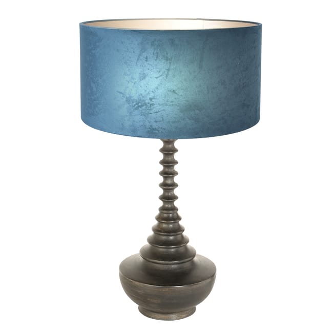 Lampe de table, base en bois  avec abat-jour en velours bleu