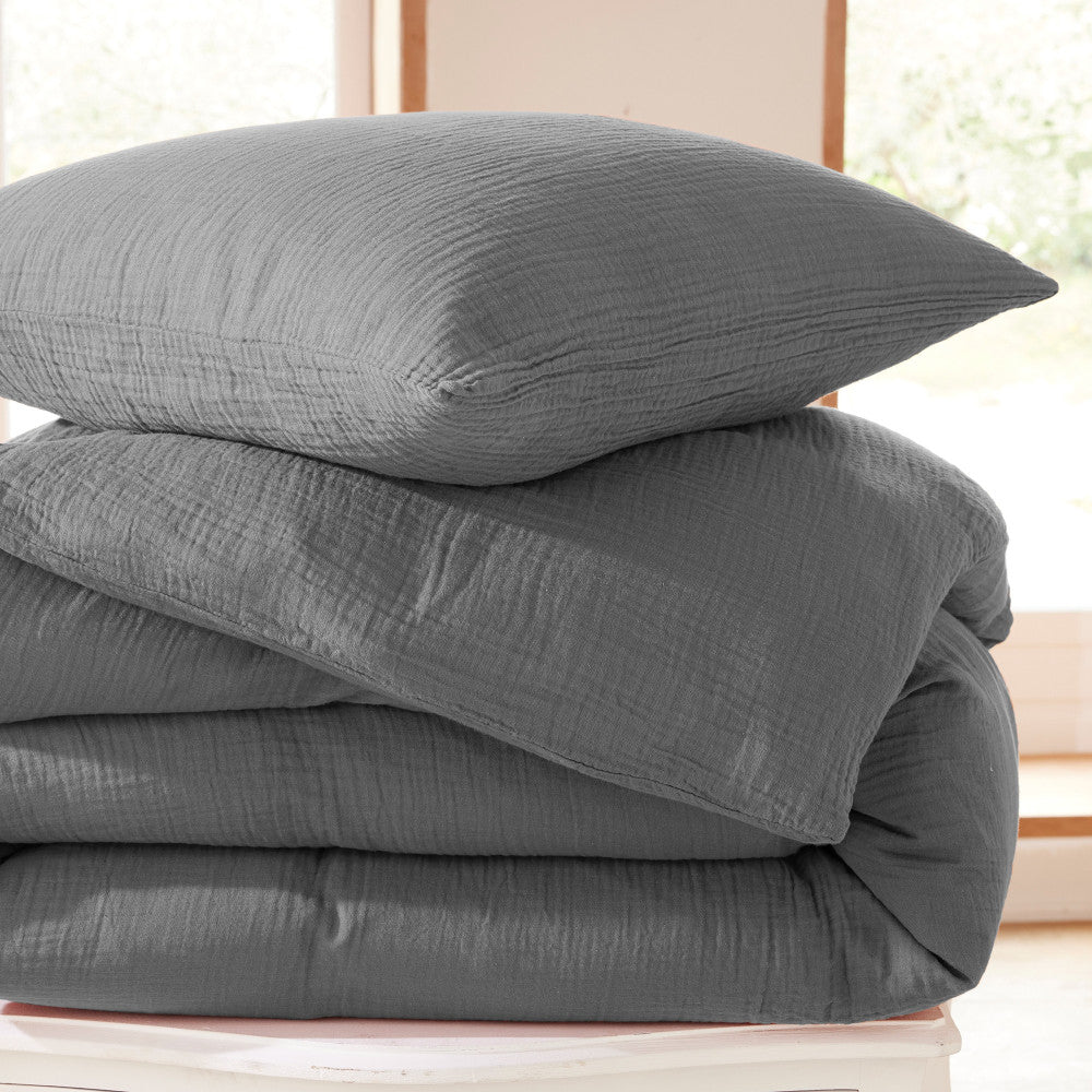 Pack 4 Pièces Housse de couette 260x240 cm - Gaze de Coton - Ardoise