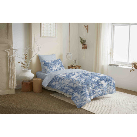 Pack Complet Housse de couette  Imprimé 140 x 200 cm - Drap housse 90 x 190 cm - 100% coton / 57 fils/cm² - ADAMA AZUR