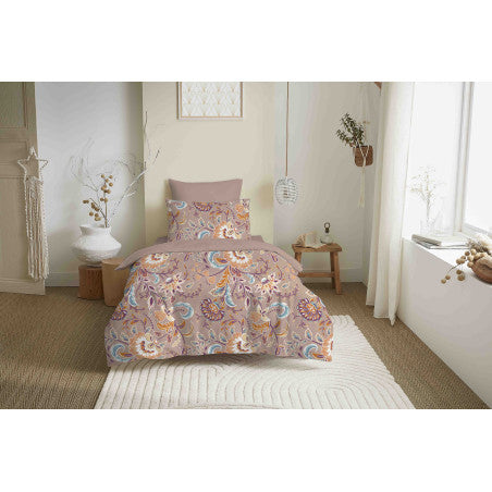Pack Complet Housse de couette  Imprimé 140 x 200 cm - Drap housse 90 x 190 cm - 100% coton / 57 fils/cm² - BERGAME NUDE