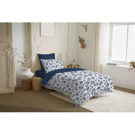 Pack Complet Housse de couette  Imprimé 140 x 200 cm - Drap housse 90 x 190 cm - 100% coton / 57 fils/cm² - ELOISE BLEU