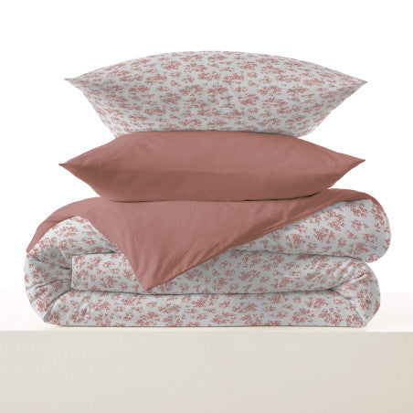 Pack Complet Housse de couette Imprimé 220 x 240 cm - Drap housse 140 x 190 cm - 100% coton / 57 fils/cm²- ELOISE ABRICOT