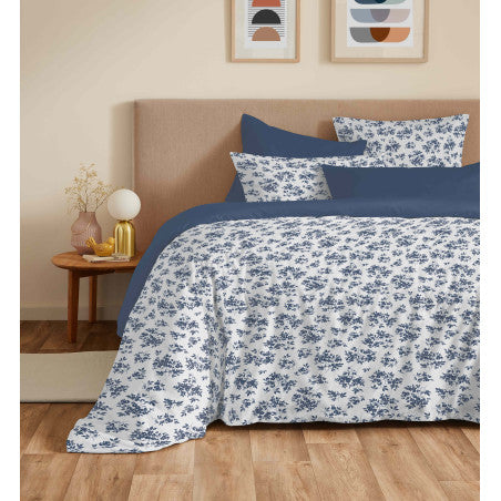 Pack Complet Housse de couette Imprimé 220 x 240 cm - Drap housse 140 x 190 cm - 100% coton / 57 fils/cm²- ELOISE BLEU