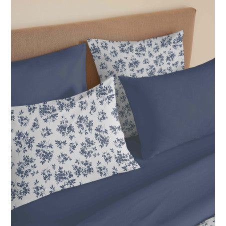 Pack Complet Housse de couette Imprimé 220 x 240 cm - Drap housse 140 x 190 cm - 100% coton / 57 fils/cm²- ELOISE BLEU