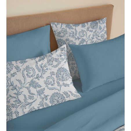 Pack Complet Housse de couette Imprimé 220 x 240 cm - Drap housse 140 x 190 cm - 100% coton / 57 fils/cm²- SALMA BLEU