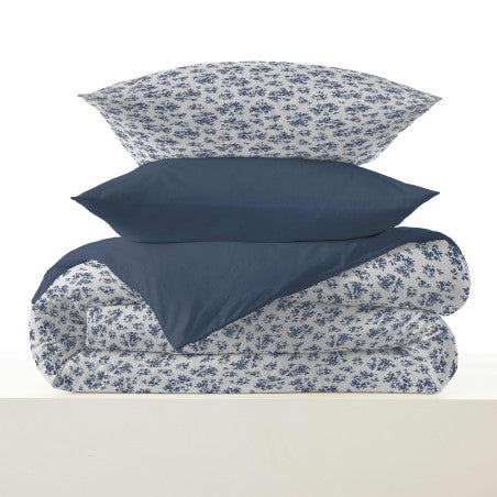 Pack Complet Housse de couette Imprimé 220 x 240 cm - Drap housse 160 x 200 cm - 100% coton / 57 fils/cm²- ELOISE BLEU