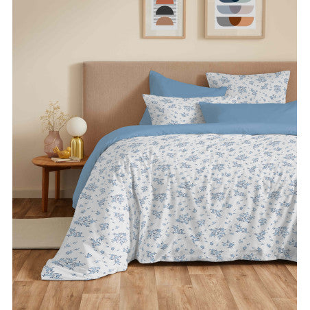 Pack Complet Housse de couette Imprimé 220 x 240 cm - Drap housse 160 x 200 cm - 100% coton / 57 fils/cm²- LOUISE BLEU