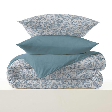 Pack Complet Housse de couette Imprimé 220 x 240 cm - Drap housse 160 x 200 cm - 100% coton / 57 fils/cm²- SALMA BLEU