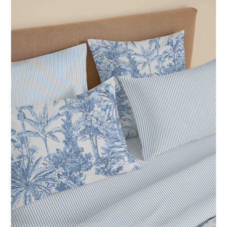 Pack Complet Housse de couette Imprimé 240 x 260 cm - Drap housse 180 x 200 cm King Size - 100% coton / 57 fils/cm²- ADAMA AZUR