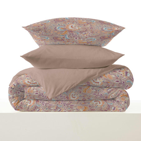 Pack Complet Housse de couette Imprimé 240 x 260 cm - Drap housse 180 x 200 cm King Size - 100% coton / 57 fils/cm²- BERGAME NUDE