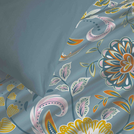 Pack Complet Housse de couette Imprimé 240 x 260 cm - Drap housse 180 x 200 cm King Size - 100% coton / 57 fils/cm²- BERGAME TURQUOISE