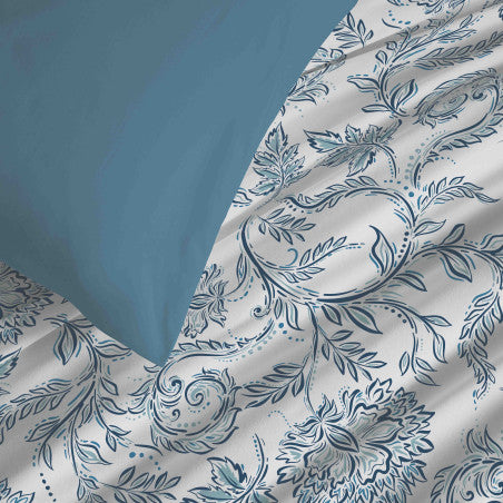 Pack Complet Housse de couette Imprimé 240 x 260 cm - Drap housse 180 x 200 cm King Size - 100% coton / 57 fils/cm²- SALMA BLEU