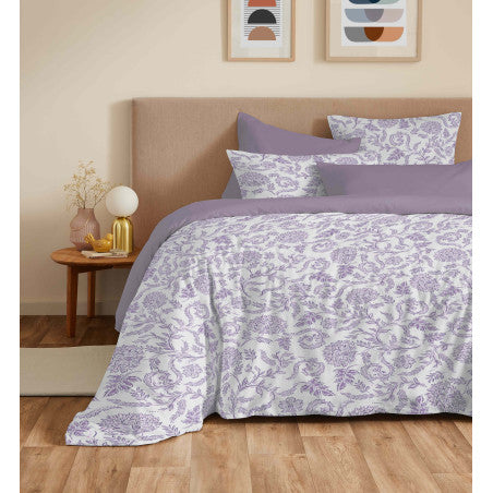 Pack Complet Housse de couette Imprimé 240 x 260 cm - Drap housse 180 x 200 cm King Size - 100% coton / 57 fils/cm²-SALMA LAVANDE