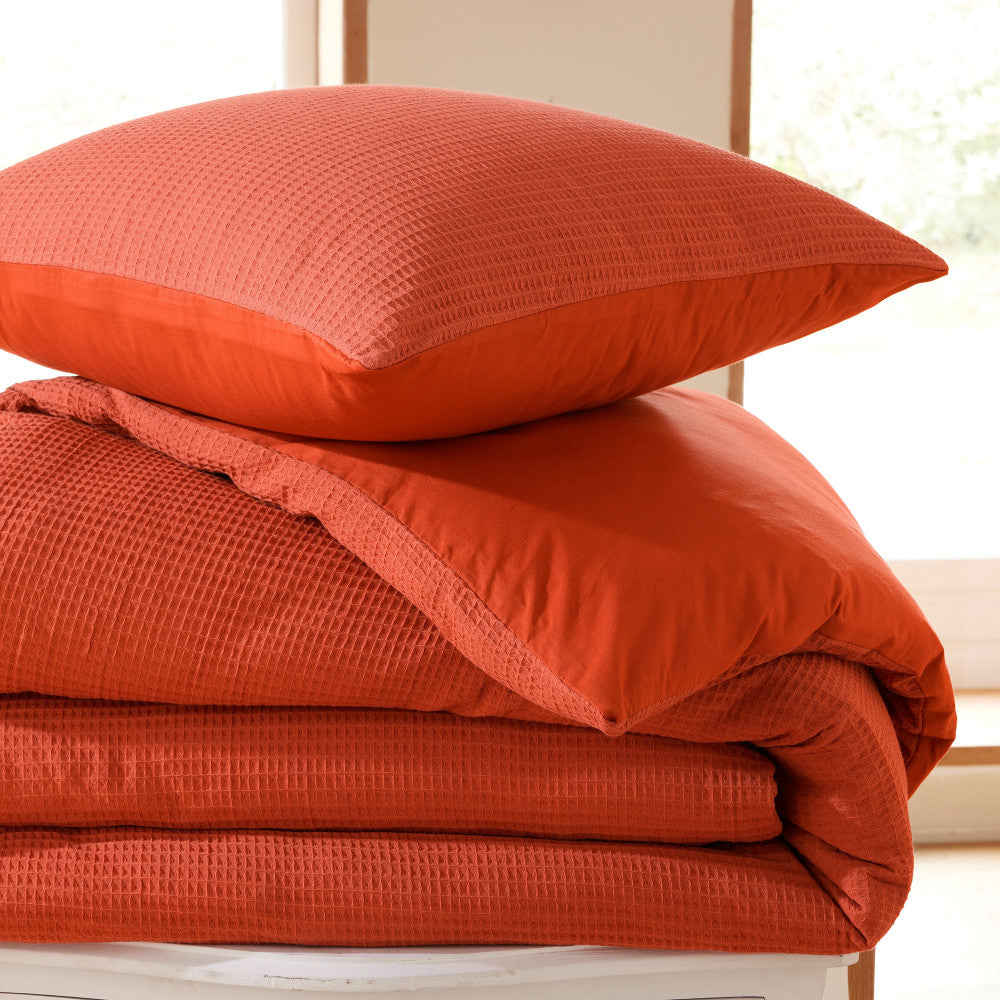 Pack 2 Pièces Housse de couette 140x200cm + 1 taie d'oreiller 65X65cm - nid d'abeille - Terracotta