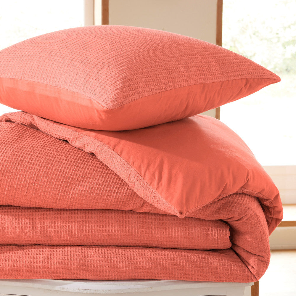 Pack 3 Pièces Housse de couette 260x240cm + 2 taies d'oreiller 65X65cm nid d'abeille - Blush