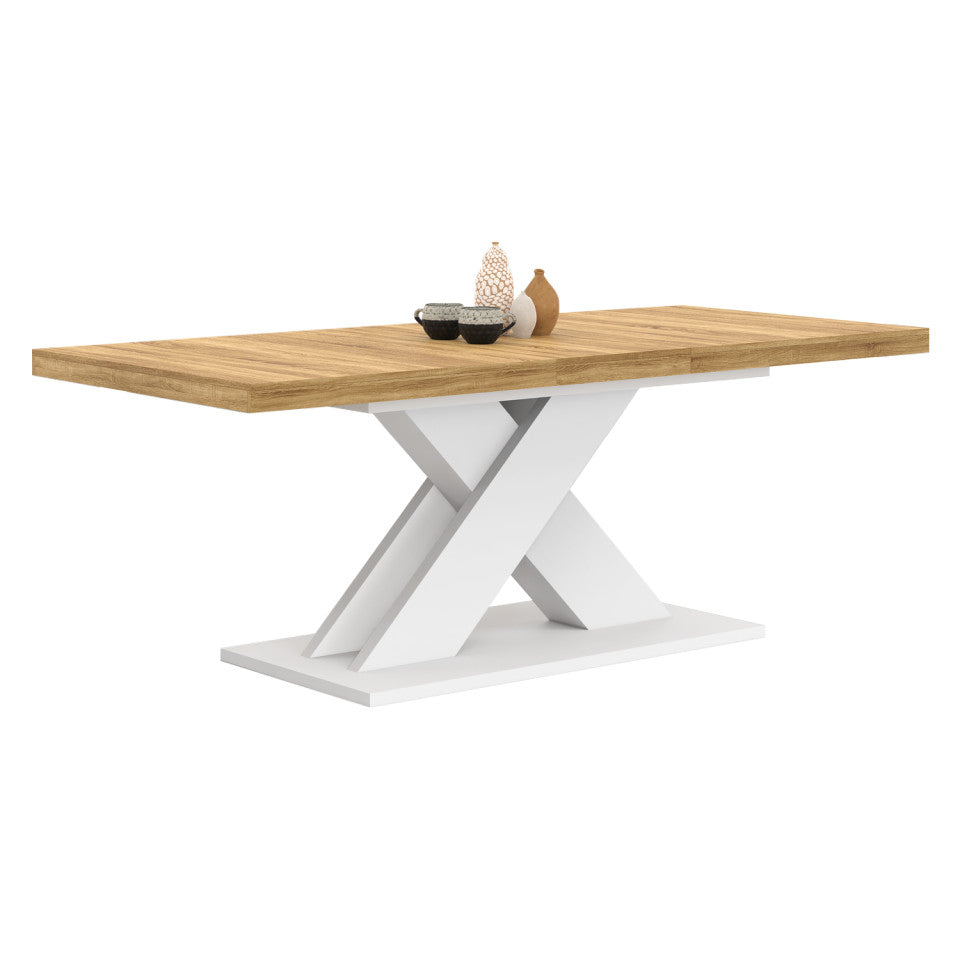 Table repas extensible Alexia 160-200cm plateau bois et pied central blanc