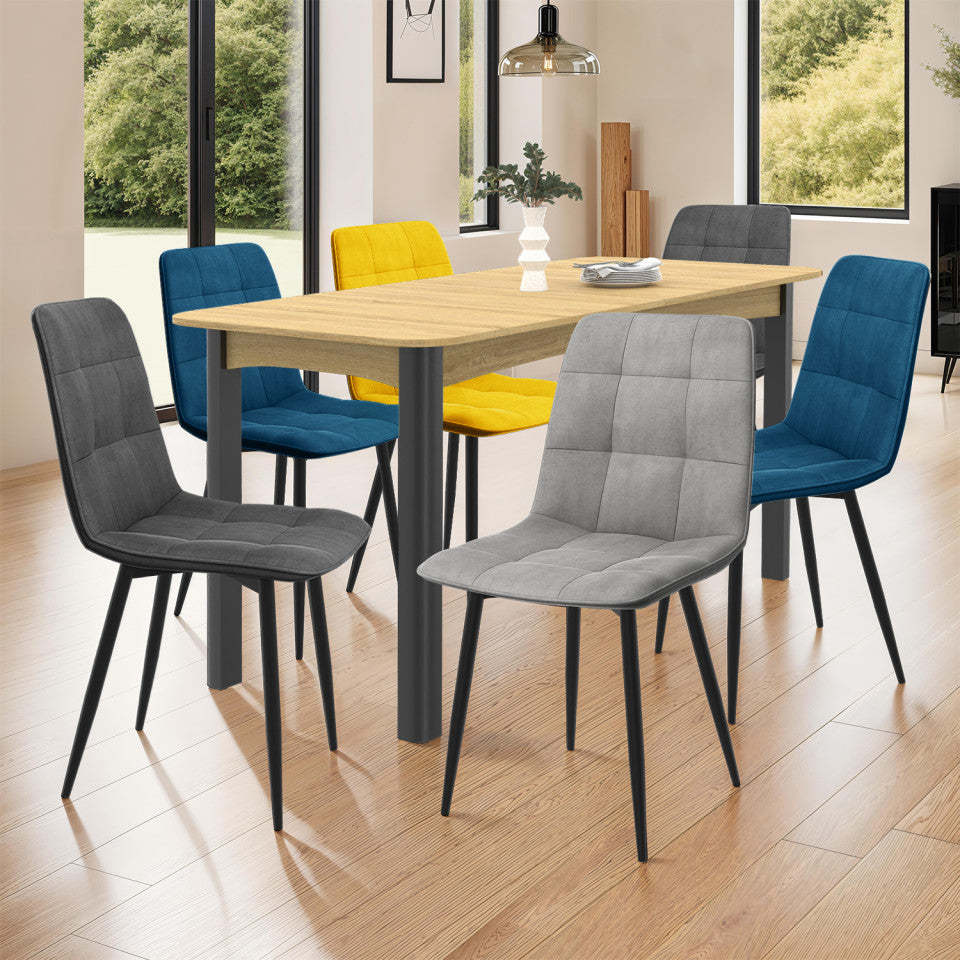 Chaises Linda en velours mix de couleurs : 2x bleu, 1x gris clair, 2x gris foncé et 1x jaune - lot de 6