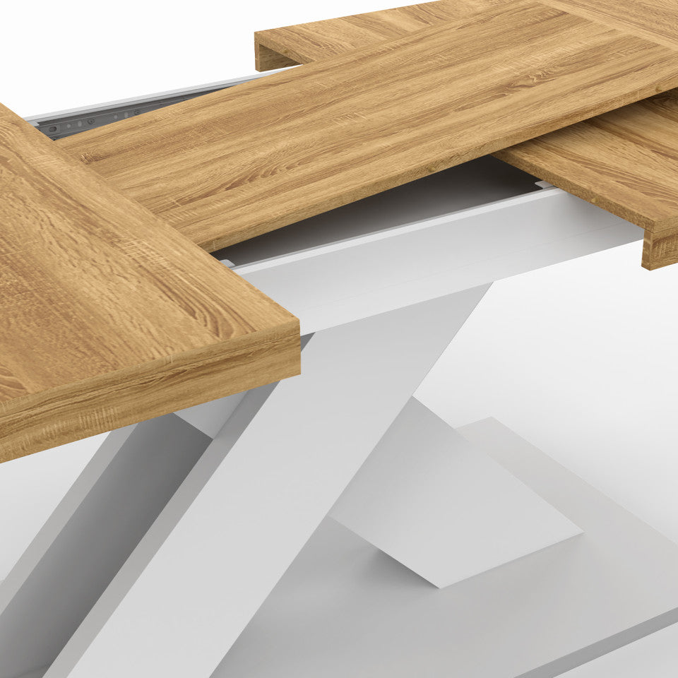 Table repas extensible Alexia 160-200cm plateau bois et pied central blanc