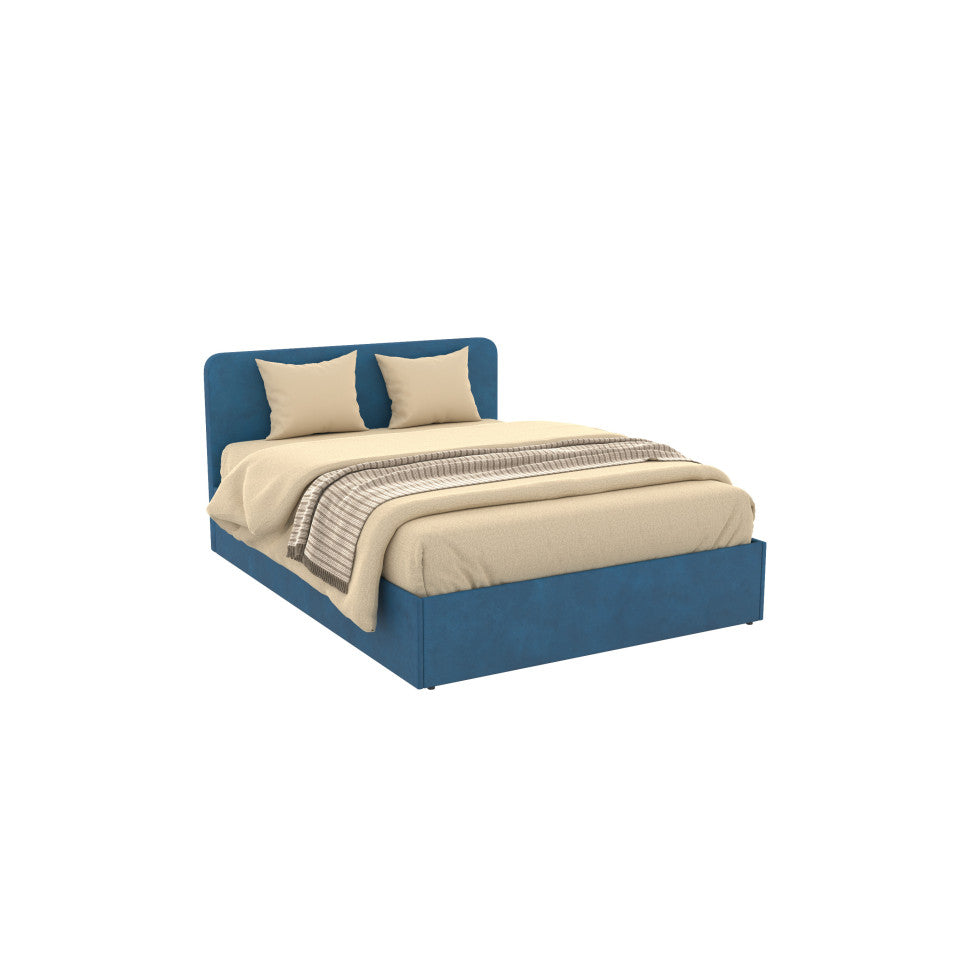 Lit coffre Louise en velours bleu avec sommier et tête de lit arrondie 140x190cm