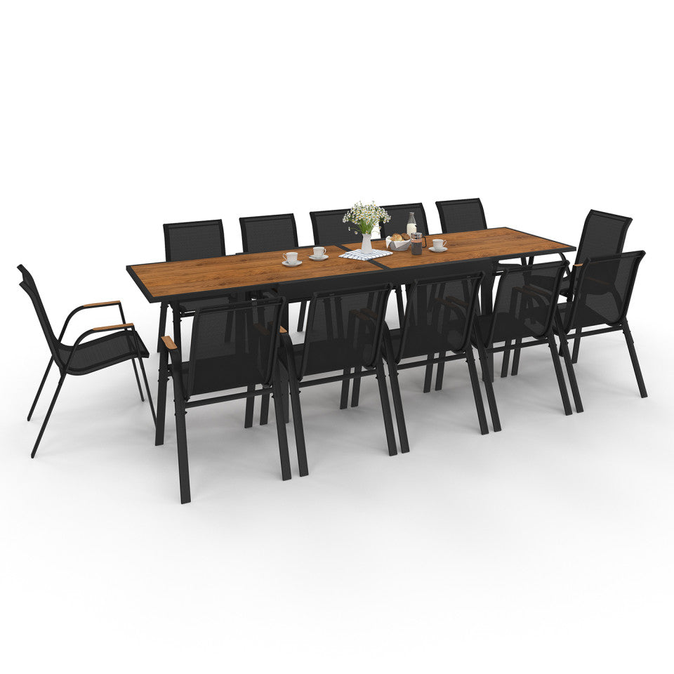 Ensemble repas extensible Timbia 12 places noir et verre trempé effet bois
