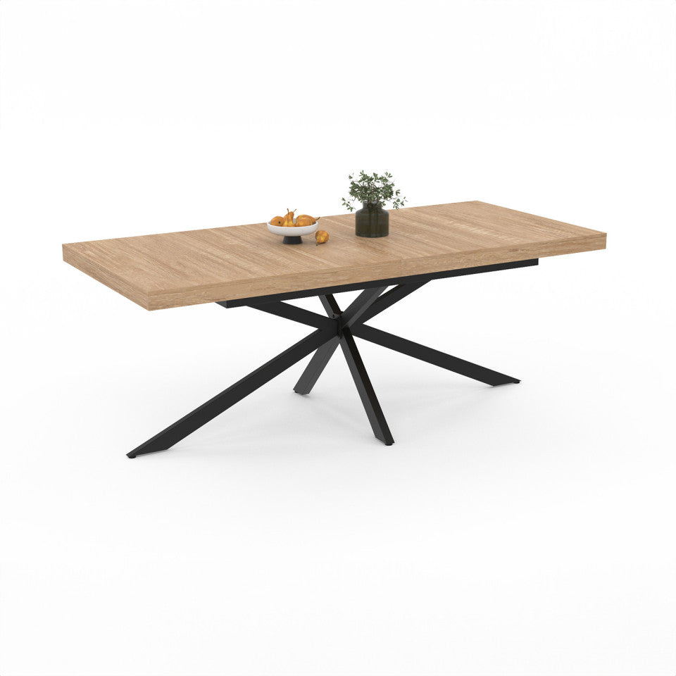 Table repas Spider plateau extensible 160-200cm bois avec rangement intégré et pieds croisés noirs